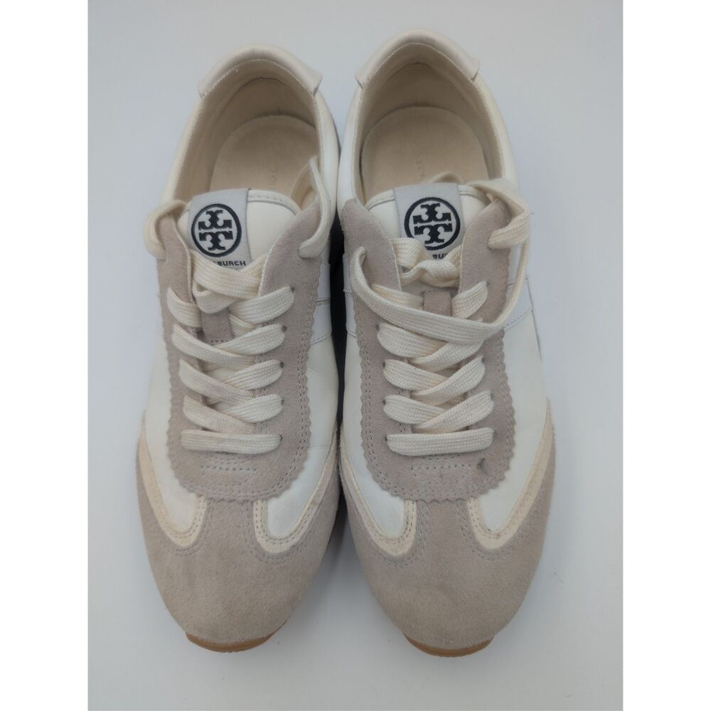Tory Burch Women's 7M Beige Taupe White Leather Sneakers Gum Sole